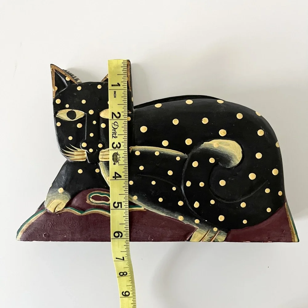 Wooden Cat Carved Painted Napkin Letter Holder Polka Dot Folk Art Halloween Fall